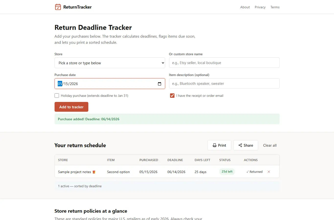Screenshot of Return Deadline Tracker interface showing the project page in use